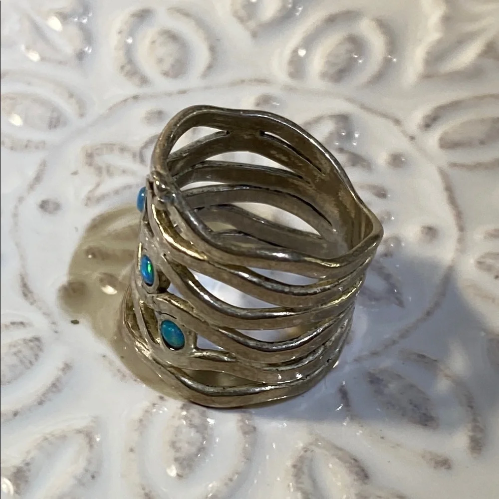 Vintage Israeli Sterling Silver Blue Fire Opal Wave Ring Size 6